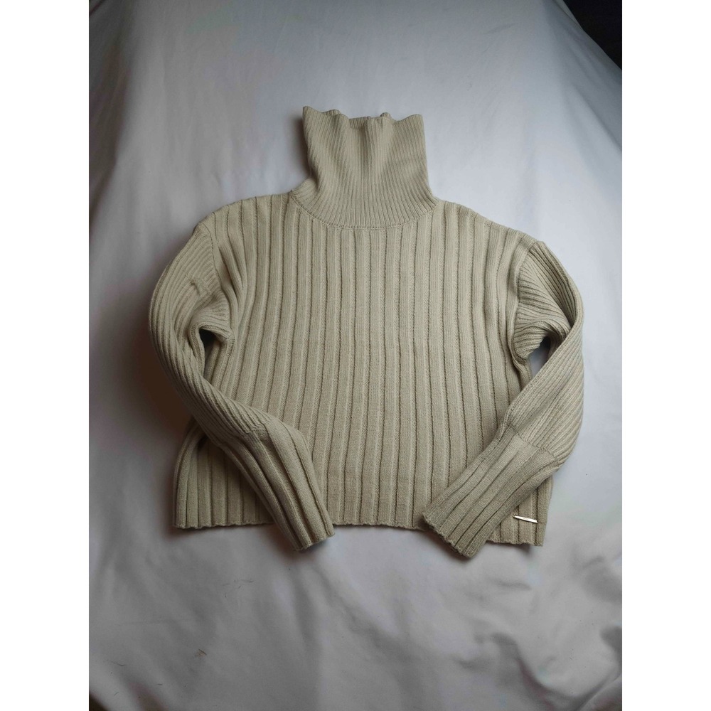 Elie Tahari Sweater Womens Small Beige Ribbed Knit Turtleneck Pullover Cropped